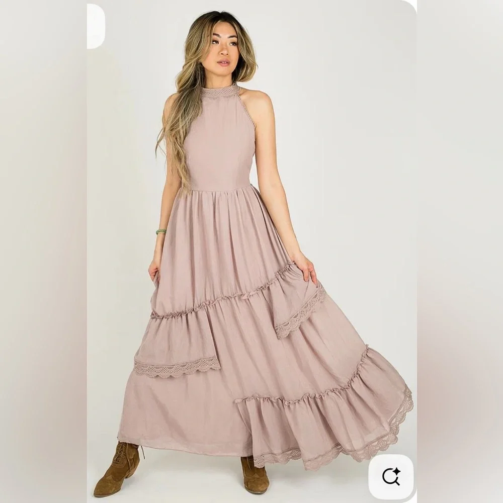 Elegant Mauve Sleeveless Halter Maxi Dress